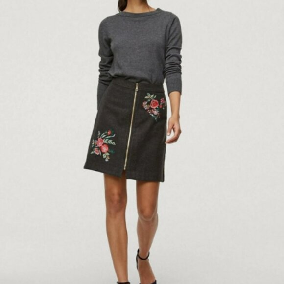 LOFT Gray Floral Embroidered Wool Blend A-Line Zipper Front Skirt Size 4 - Picture 2 of 10